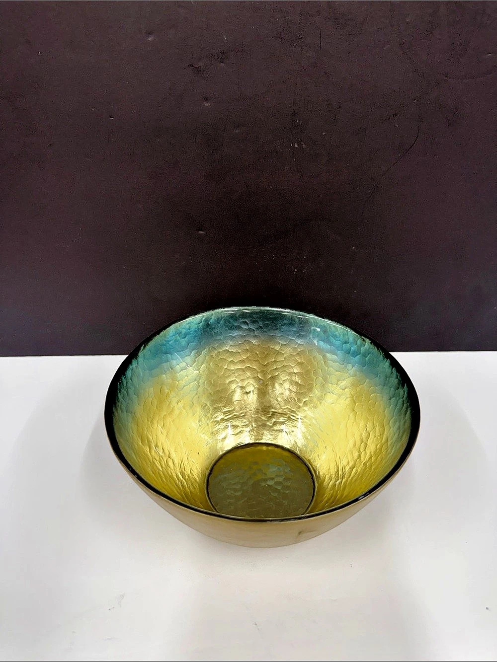 Torre & Tagus Hammered Art Glass Bowl Gold Teal 5.5” Made in Turkey